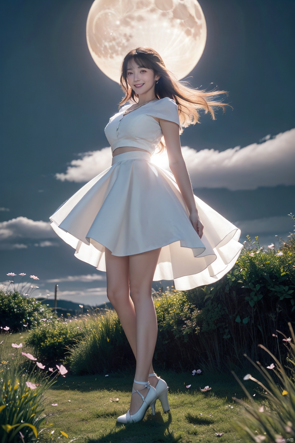  tutututu, high heels, full body, masterpiece, best quality, 1girl, (colorful),(delicate eyes and face), volumatic light, ray tracing, bust shot ,extremely detailed CG unity 8k wallpaper,solo,smile,intricate skirt,((flying petal)),(Flowery meadow) sky, cloudy_sky, moonlight, moon, night, (dark theme:1.3), light, fantasy, windy, magic sparks, dark castle,white hair,