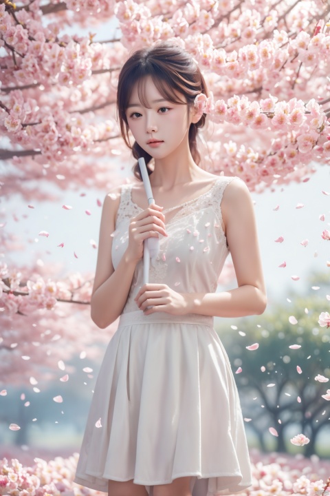 A girl holds an oil paper umbrella in her hand, standing under the tree, real skin, falling petals,(best quality),((masterpiece)),(highres),original, rich details, perfect picture,8K,wallpaper,oil-paper umbrella