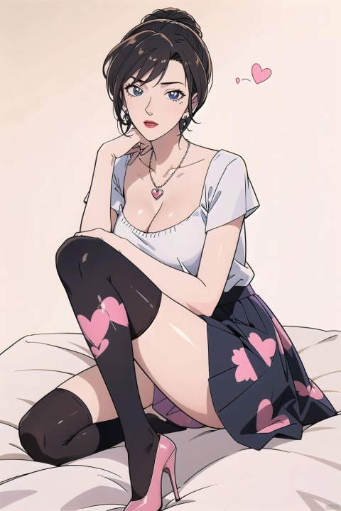 female,blouse,checkered_skirt,kneehighs,the_only_shoe,heart_necklace ,eyeshadow,heart_earring,ring,bunny_print,shiny_skin,big_breasts,princess_head,bangs,black_hair,eyes_wide,pupils,embarrass, short hair