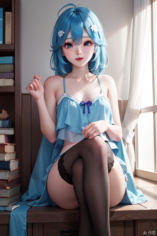  blue haired girl with stocking