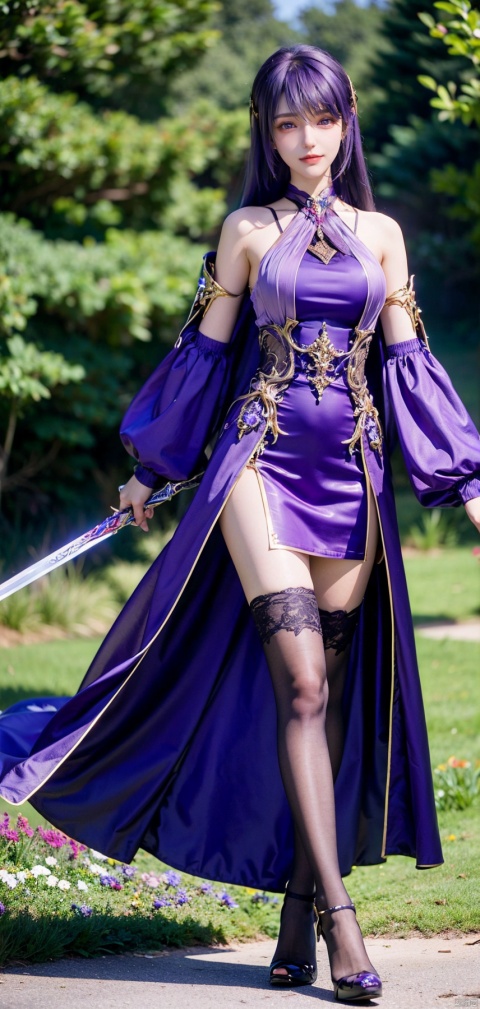  Cowboy lens, (good structure), SLR quality, depth of field, friendly smile, looking at viewer, dynamic posture, 1 girl asymmetrical sleeves, purple hair, long hair, solo, dress, hair accessories, weapons, purple dress, bare legs, short sword, cowboy lens,
Movies, natural light, solo, 1Girl, wind, full body, standing, outdoor, flowing hair, friendly smile, photography posture, dynamic posture, looking at the audience, excellent skin texture, deep gaze, cheerful atmosphere, eye-catching resin jewelry style, matte photos, minimalist beauty, meticulous line accuracy, high resolution, 8K, flower language, 1Girr, thighhighs, high heels, BY MOONCRYPTOWOW, Detail, black pantyhose, (poakl),shengcaier