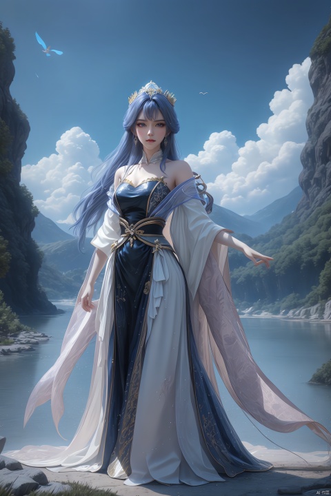 Masterpiece, best quality, official art, extremely detailed CG 8K wallpaper, crystal texture skin, extremely exquisite and beautiful, highly detailed, 1 girl, solo, long hair, headwear, standing, full body photos, hair, dress, high heels, long skirt: 0.955, (clothes: 0.999), dress: 0.987, medium chest, hairstyle, crown, headwear, sunlight, outdoor, bird, day, cloud, water, blue sky, rocks, bridges, rivers, waterfalls, looking at the audience, facing the camera, ((poakl))