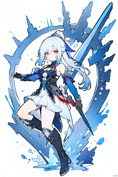  jingliu, silver hair, elbow gloves, long hair, red eyes, boots, bare shoulders, dress, hair ribbon,