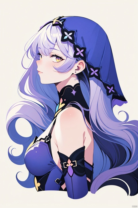 on other colors,The illustration should be flat and minimalist, with a white background to emphasize the character's whimsical side profile and headgear, resonating with the geometric aesthetic we established earlier., jjmx,heitiane,long hair,gloves,bangs,breasts,bare shoulders,elbow gloves,veil,purple hair,purple dress,purple eyes,hair between eyes,black gloves,yellow eyes,pantyhose,very long hair,1girl,high quality, upper_body,head portrait,