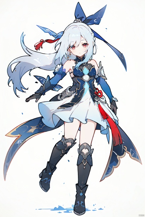  jingliu, silver hair, elbow gloves, long hair, red eyes, boots, bare shoulders, dress, hair ribbon,