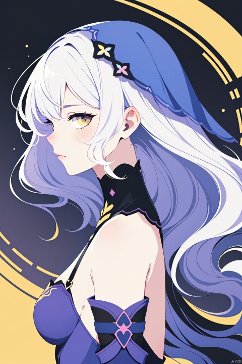 on other colors,The illustration should be flat and minimalist, with a white background to emphasize the character's whimsical side profile and headgear, resonating with the geometric aesthetic we established earlier., jjmx,heitiane,long hair,gloves,bangs,breasts,bare shoulders,elbow gloves,veil,purple hair,purple dress,purple eyes,hair between eyes,black gloves,yellow eyes,pantyhose,very long hair,1girl,high quality, upper_body,head portrait,