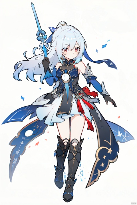  jingliu, silver hair, elbow gloves, long hair, red eyes, boots, bare shoulders, dress, hair ribbon,