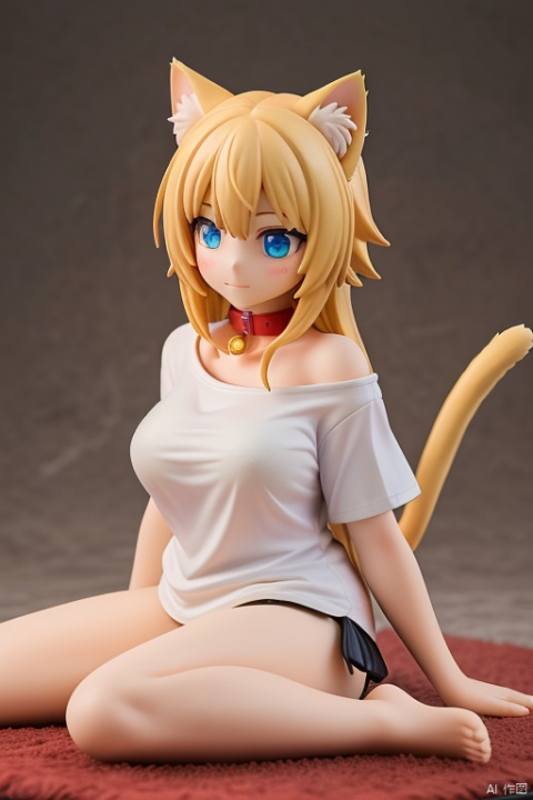  a girl sitting on the ground
blonde hair with a hint of yellow
cat ears
with a cat’s tail
wearing a white T-shirt
pale yellow long hair
long hair
A red collar adorned with a round gold tag.
red collar
fluffy tail
oversized T-shirt
one shoulder exposed
fluffy tail
fluffy tail
chubby face
blue eyesA red collar adorned with a round gold tag.