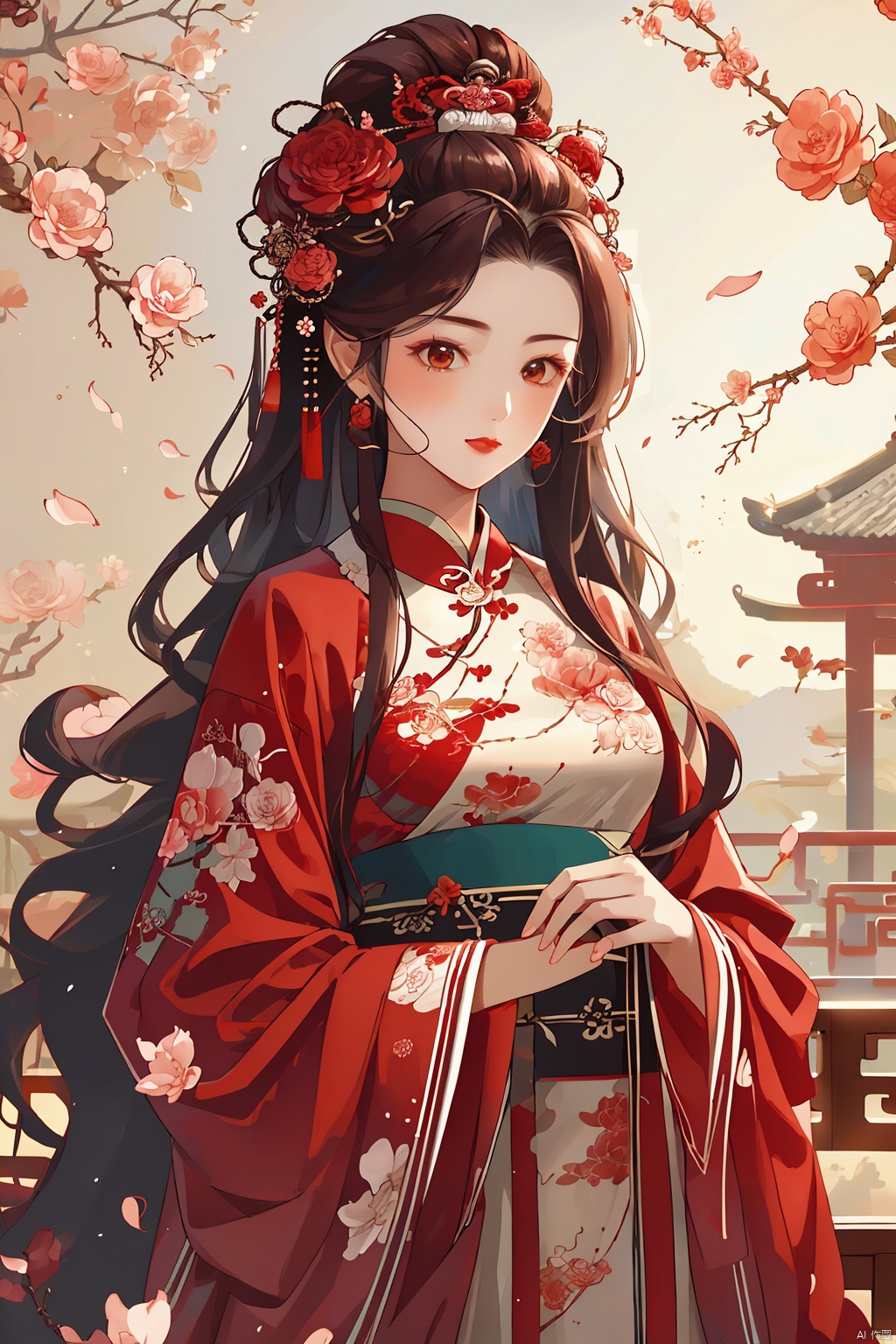  (masterpiece, best quality:1.2),(1girl:1.5),aged vintage paper,
a red pattern with white swirls ,Pencil Draw, jujingyi, 1girl, long hair, brown hair, hair ornament, long sleeves, very long hair, upper body, flower, wide sleeves, sash, petals, chinese clothes, Pencil Draw, flower, (\meng ze\),bubble, hydress