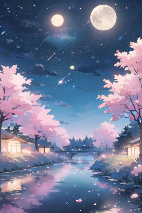 moon,outdoors,full moon,night,flower,cherry blossoms,sky,tree,pink flower flying around,night sky,no humans,masterpiece,illustration,extremely fine and beautiful,perfect details,stream,

