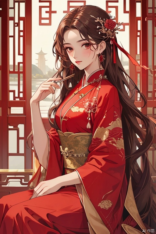  (masterpiece, top quality, best quality, official art, beautiful and aesthetic:1.2),gf-hd, 1girl, solo, hair ornament, very long hair,jewelry, dress, red dress, earrings, chinese clothes, brown hair, ribbon, hanfu, red ribbon, shawl