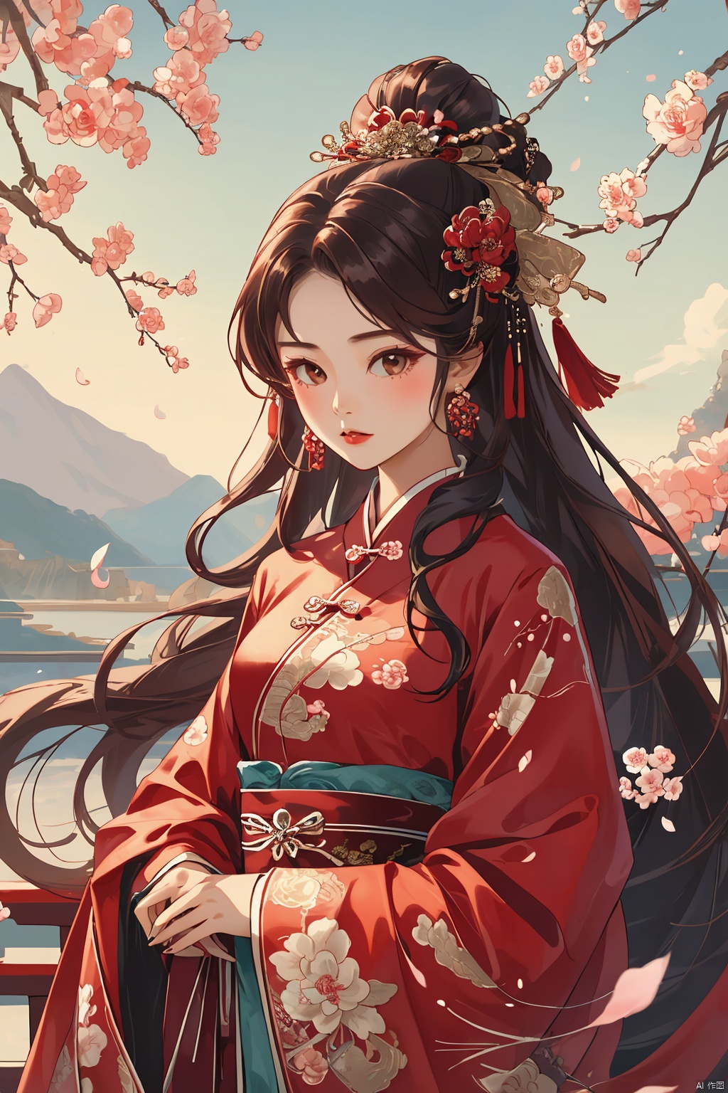  (masterpiece, best quality:1.2),(1girl:1.5),aged vintage paper,
a red pattern with white swirls ,Pencil Draw, jujingyi, 1girl, long hair, brown hair, hair ornament, long sleeves, very long hair, upper body, flower, wide sleeves, sash, petals, chinese clothes, Pencil Draw, flower, (\meng ze\),bubble, hydress