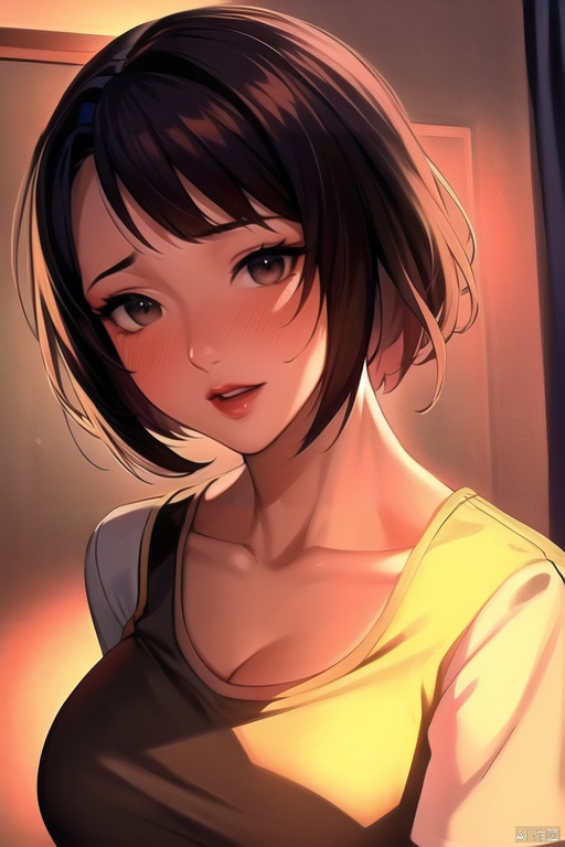  yuanshen,1girl,solo,short hair,looking at viewer,black hair,upper body,breasts,lipstick,ribbon,collarbone,yellow dress,short sleeves,makeup,black eyes,brown hair,puffy sleeves,full-face blush,,,,,(masterpiece, High Quality, best quality:1.4),colorful,vibrant,highly detailed,hentai,4K,trending on pixiv,looking at viewer,brown eyes,lips,from view,large breasts,ponytail,short hair,