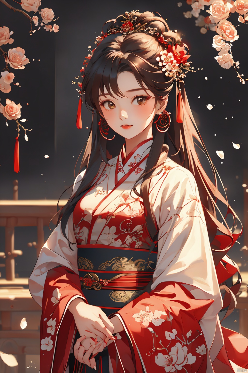  (masterpiece, best quality:1.2),(1girl:1.5),aged vintage paper,
a red pattern with white swirls ,Pencil Draw, jujingyi, 1girl, long hair, brown hair, hair ornament, long sleeves, very long hair, upper body, flower, wide sleeves, sash, petals, chinese clothes, Pencil Draw, flower, (\meng ze\),bubble, hydress