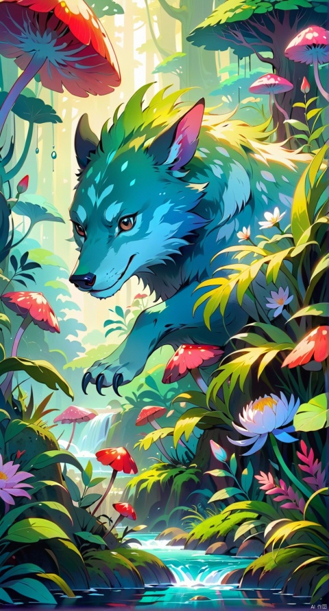  illustration,dreamlike,fantastic creatures,fresh flower,,traditional media,solo,plant,masterpiece,the ultimate detail,high definition,master's work,river,forest,microworld,germ,wild beast,virus,sense of atmosphere,light sensation,