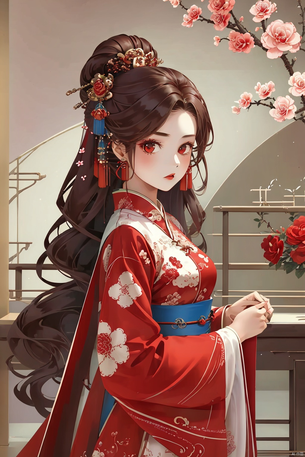  (masterpiece, best quality:1.2),(1girl:1.5),aged vintage paper,
a red pattern with white swirls ,Pencil Draw, jujingyi, 1girl, long hair, brown hair, hair ornament, long sleeves, very long hair, upper body, flower, wide sleeves, sash, petals, chinese clothes, Pencil Draw, flower, (\meng ze\),bubble, hydress