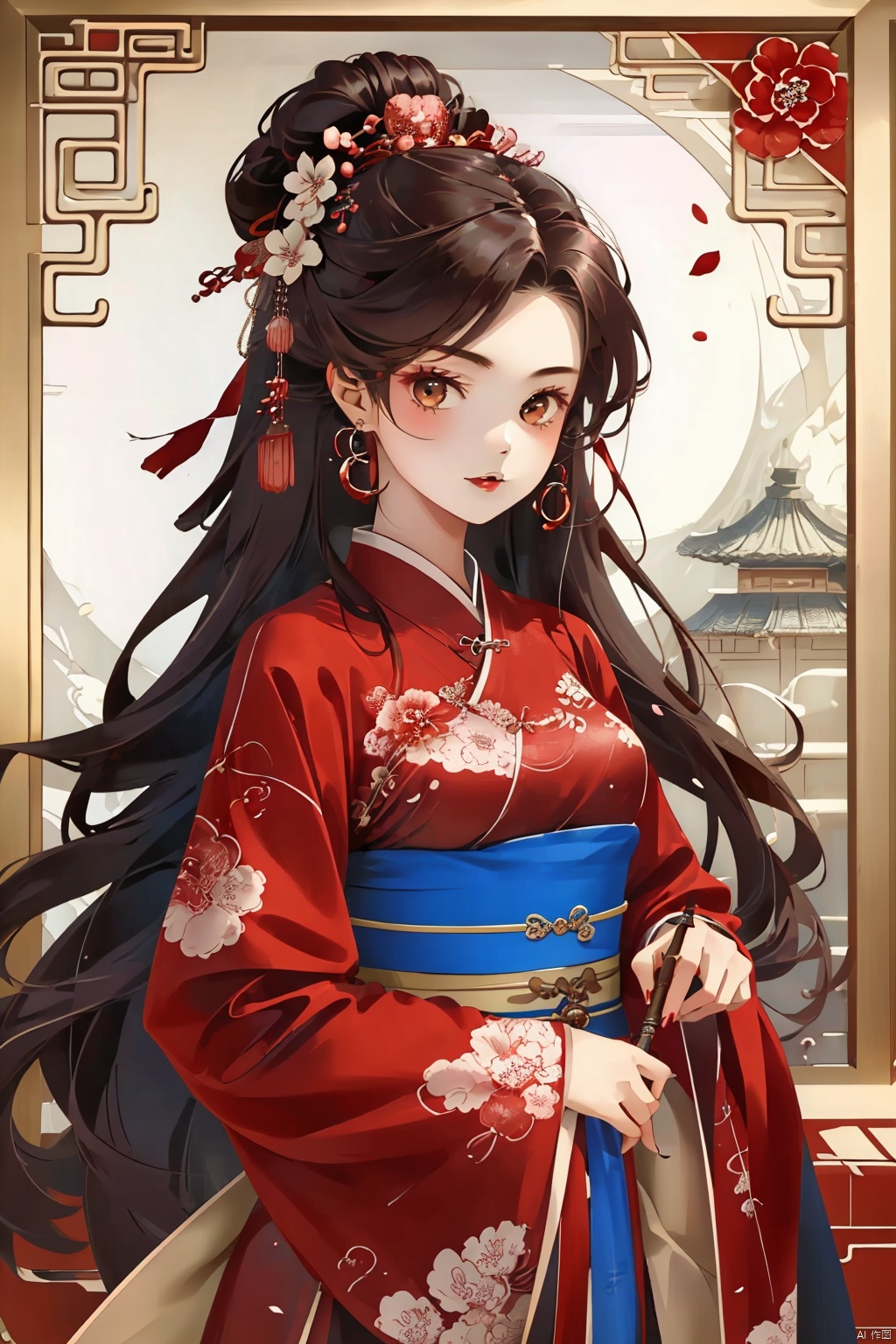  (masterpiece, best quality:1.2),(1girl:1.5),aged vintage paper,
a red pattern with white swirls ,Pencil Draw, jujingyi, 1girl, long hair, brown hair, hair ornament, long sleeves, very long hair, upper body, flower, wide sleeves, sash, petals, chinese clothes, Pencil Draw, flower, (\meng ze\),bubble, hydress