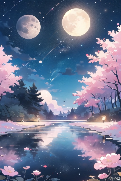  moon,outdoors,full moon,night,flower,cherry blossoms,sky,tree,pink flower flying around,night sky,no humans,masterpiece,illustration,extremely fine and beautiful,perfect details,stream,
