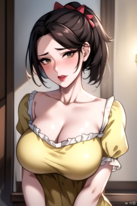  yuanshen,1girl,solo,short hair,looking at viewer,black hair,upper body,breasts,lipstick,ribbon,collarbone,yellow dress,short sleeves,makeup,black eyes,brown hair,puffy sleeves,full-face blush,,,,,(masterpiece, High Quality, best quality:1.4),colorful,vibrant,highly detailed,hentai,4K,trending on pixiv,looking at viewer,brown eyes,lips,from view,large breasts,ponytail,short hair,