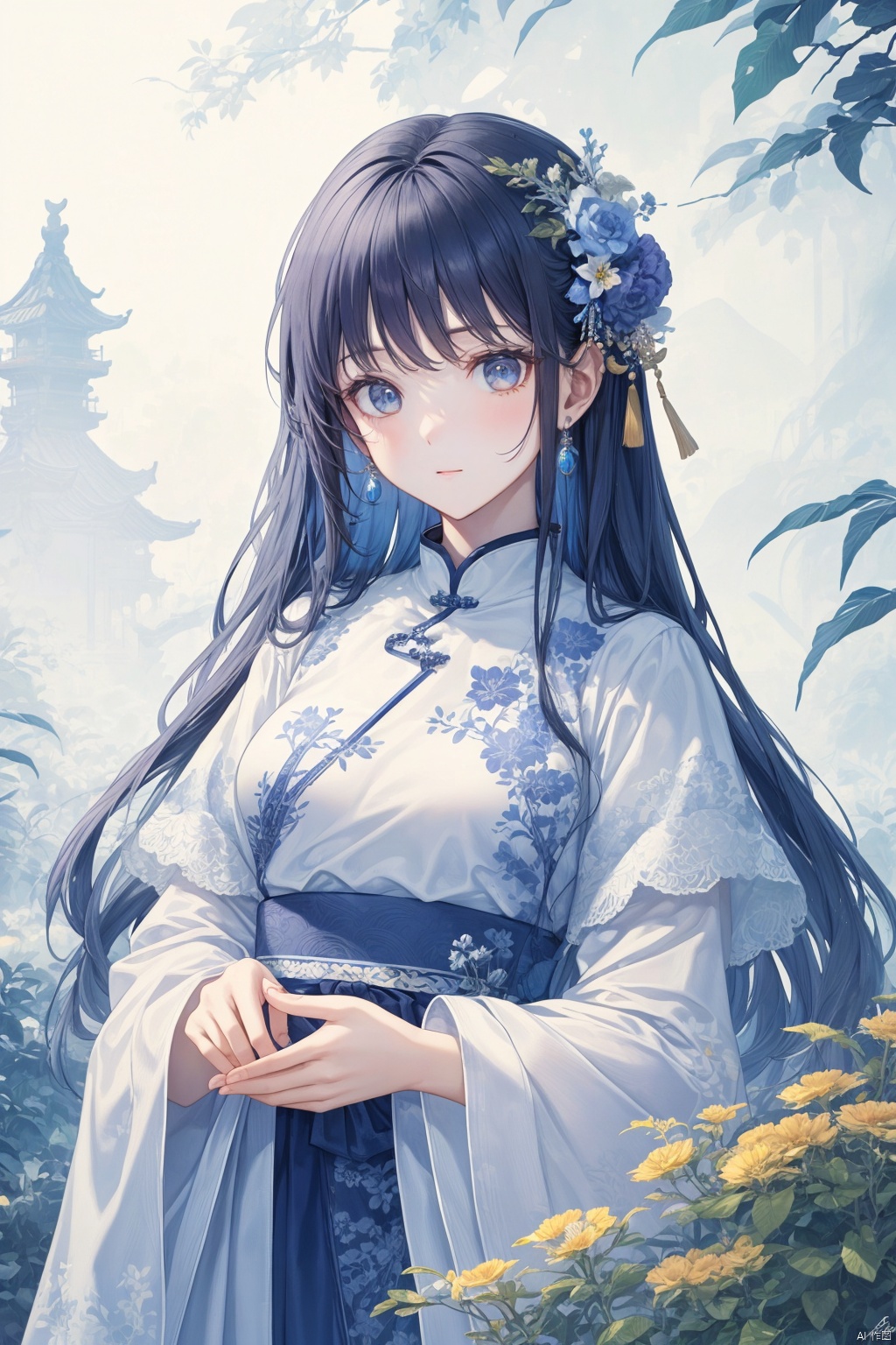  best quality ,masterpiece, illustration, an extremely delicate and beautiful, extremely detailed ,CG ,unity ,8k wallpaper, Amazing, finely detail, masterpiece,best quality,official art,extremely detailed CG unity 8k wallpaper,
1girl, solo, long hair, hair ornament, long sleeves, dress, jewelry, blue hair, upper body, flower, earrings, blue dress, chinese clothes, ((poakl)),（Porcelain texture：1.2）