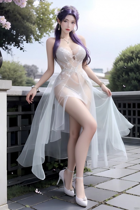 1girl,solo,long hair,looking at viewer,large breasts,hairornament,dress,cleavage,jewelry,full body,purple hair,flower,earrings,hair flower,necklace,white dress,high heels,bracelet,legs,bare legs,butterfly,purple dress,purple footwear, yx, underwear