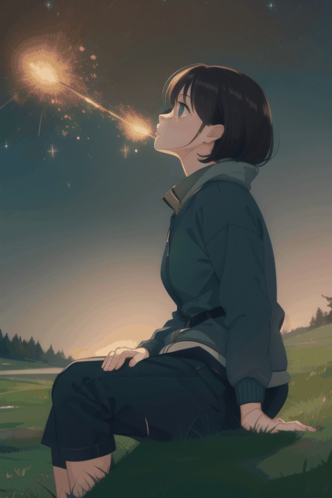  A brilliant meteor shower streaks across the night sky, the endless grassland, fireflies flash in the grass, the wind blows through the grass, a girl sits on the ground and looks up at the meteor shower
