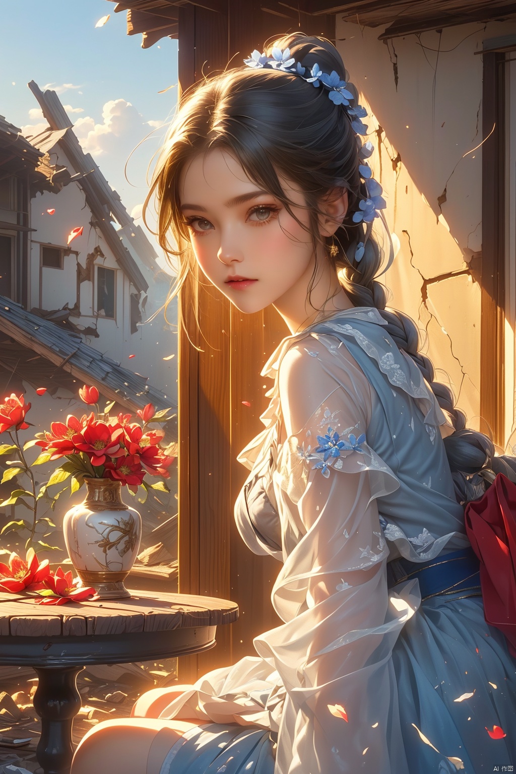  (detailed light), (an extremely delicate and beautiful), (1 girl holdding vase and flower)
(cowboy shot:1.3)
(from side:1.25), (1 loli:1.2), grey hair, (messy braid ponytail), (wearing old ripped dress), (long grey dress), frills, (Smile, hope, sunshine:1.2), (solo), (blue eyes:1.2), (Detailed beautiful eyes, lively eyes), (sitting), table
volume light, best shadow, flash, Depth of field, dynamic angle, Oily skin
(looking at vase), (1 Detailed vase), (red flower inside of vase), (Detailed and beautiful), (Holdding vase)
(outdoors, Earthquake debris, cracked ground, collapsed houses in the distance, grey sky, smoky), guzhuang
