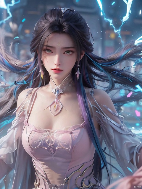  1girl,Bangs, off shoulder, colorful_hair, ((colorful hair)),golden dress, yellow eyes, chest, necklace, pink dress, earrings, floating hair, jewelry, sleeveless, very long hair,Looking at the observer, parted lips, pierced,energy,electricity,magic,tifa,sssr,blonde hair,jujingyi, wangyushan, dofas, forehead mark, (\yan yu\), qingyi