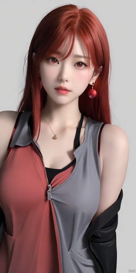 paper background,((red hair)),paper background,1girl,long hair,solo,(red eyes),jewelry,looking at viewer,earrings,jacket,upper body,breasts,vest,bangs,grey eyes,closed mouth,sleeveless,shirt,collarbone,red shirt,hair between eyes,bare shoulders,necklace,white hair,open clothes,medium breasts,open jacket,black jacket,lips,sleeveless jacket,,looking at viewer,中景,增加细节,站立,增加细节,旗袍,客厅
