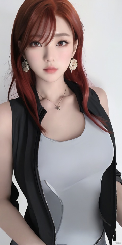 paper background,((red hair)),paper background,1girl,long hair,solo,(red eyes),jewelry,looking at viewer,earrings,jacket,upper body,breasts,vest,bangs,grey eyes,closed mouth,sleeveless,shirt,collarbone,red shirt,hair between eyes,bare shoulders,necklace,white hair,open clothes,medium breasts,open jacket,black jacket,lips,sleeveless jacket,,looking at viewer,中景,增加细节,站立,增加细节,旗袍,客厅