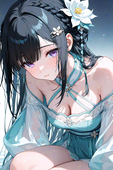 A beauty in Hanfu, with straight bangs, broken hair in front of her forehead to frame her face, long hair on both sides braided into delicate braids hanging down her chest, her hair dotted  hairpins and small flower hair accessories. Turquoise halter neck sleeveless inner wear, off-shoulder design, with dark pattern print on the body. The translucent white wide-sleeved gauze shirt is elegant and drapey and is the outer layer.