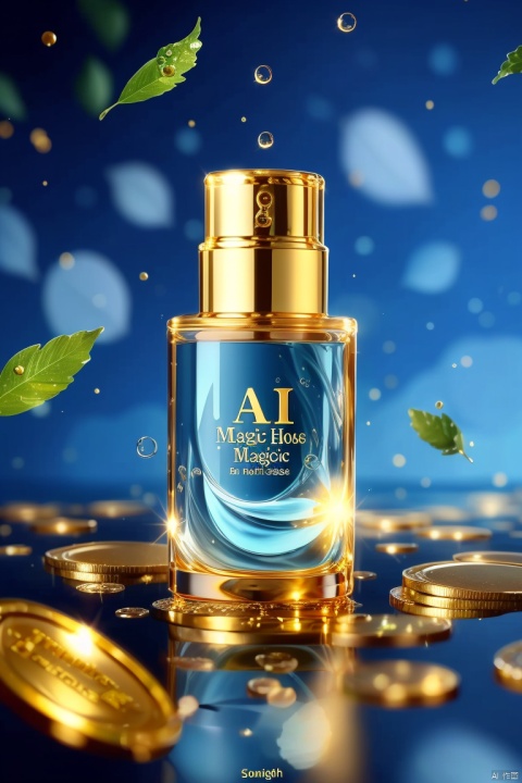 Water droplets, gold coins, English text "AI Magic House", "I Love You", sea, blue, light, shampoo, ice cubes, leaves, summer, cool