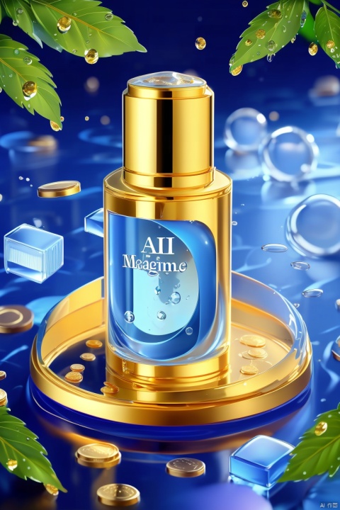 Water droplets, gold coins, English text "AI Magic House", "I Love You", sea, blue, light, shampoo, ice cubes, leaves, summer, cool,图标