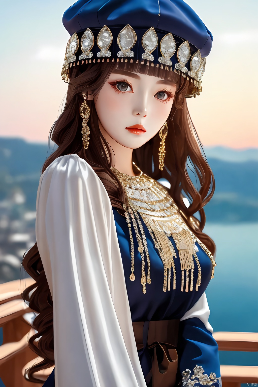 1girl, solo, looking at viewer, brown hair, black hair, hat, dress, holding, jewelry, outdoors, detached sleeves, hand fan, folding fan, holding fan, photo background, ((poakl))