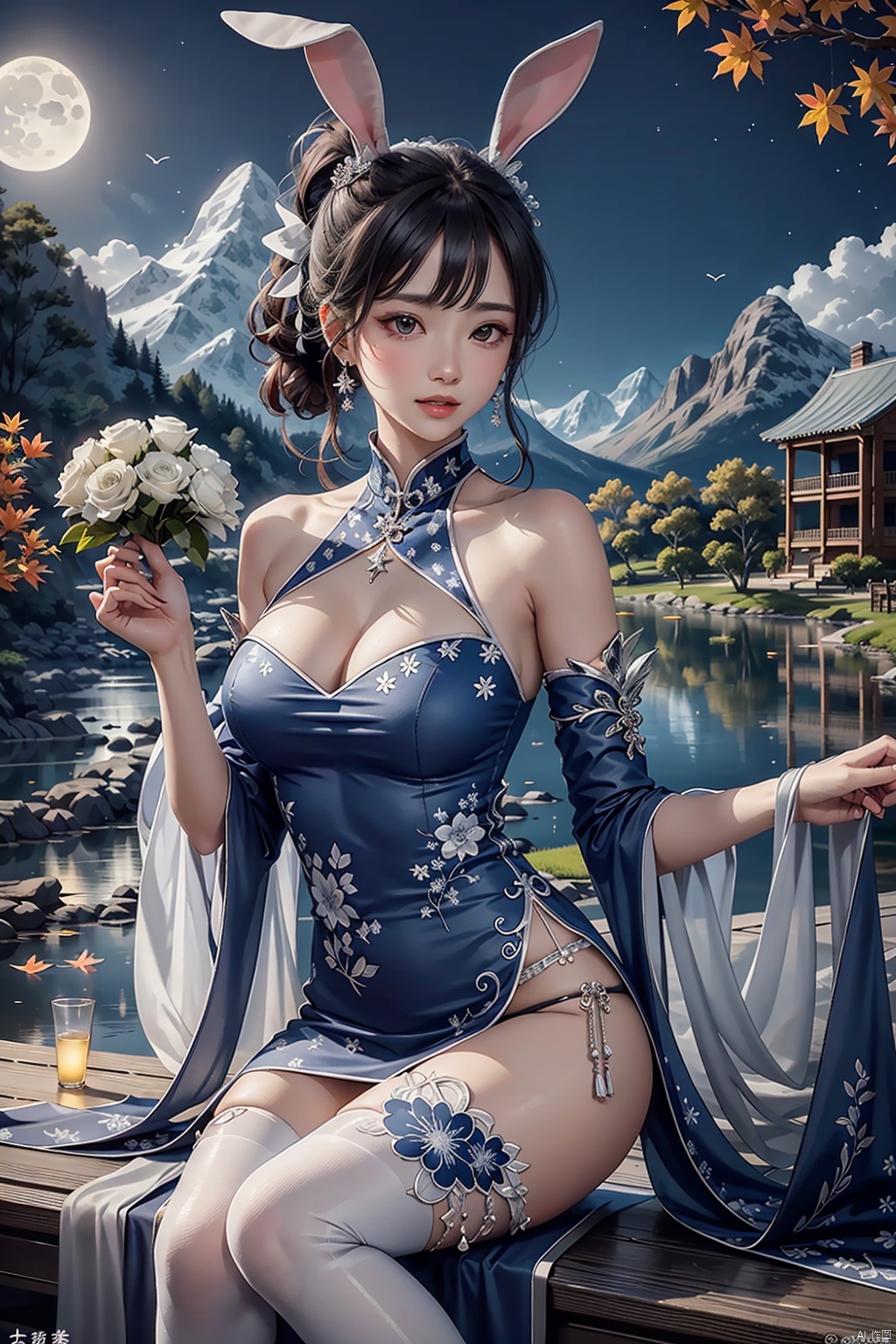  （Xiaowu has a pair of white rabbit ears.） Xiao Wu,A pair of lovely white rabbits. In an ancient city., china dressPrompt: Xiao Wu, In an ancient city.,Close ,（Xiao WuRabbit ear 1.3）,shot,8k,1girl,dress,thighhighs,bare shoulders,lo style chinesedress,bouquet,rose,jewelry,earrings,holdingflower,gloves,elbowgloves,vase,underwear,panties,cleavage,,garterstraps,Scorpion braid, high ponytail, long hair, bridal updo. White and moving, smart eyes, beautiful and delicate. She is petite, well-proportioned, tall and quaint.The ancient city is surrounded by mountains and rivers,The weeping willows on the shore,The moonlight is as quiet as water. The autumn wind sweeps away the yellow leaves.Vision 1.3,Cute Rabbit Ears,Graceful Curve,Negative prompt: EasyNegative,Steps: 20,Sampler: Euler a,CFG scale: 7,Seed: 0,Size: 512x768,VAE: Automatic,Denoising strength: 0.5,Clip skip: 2,Model: jimengv2,LoRA: 4bc654f7-d2b9-4438-b02c-b523472a38a1.by_tusi,317aae22-a282-43d1-b1ff-20c9c3305aa3.by_tusi,Hires resize: 1024x1536,Hires steps: 20,Hires upscaler: R-ESRGAN 4x+,(Two rabbit ears), china dress, chinese dress, xiaowu