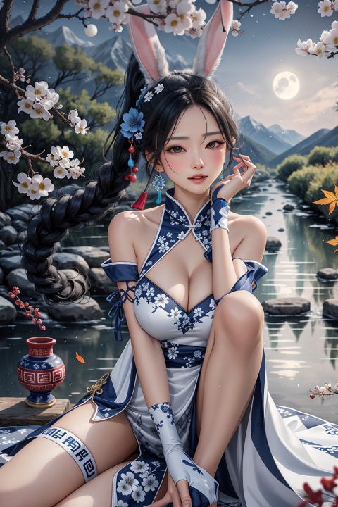 （Xiao Wu,Rabbit ears white 1.1）, In an ancient city., china dressPrompt: Xiao Wu, In an ancient city.,Close shot,8k,1girl,dress,thighhighs,bare shoulders,lo style chinesedress,bouquet,rose,jewelry,earrings,holdingflower,gloves,elbowgloves,vase,underwear,panties,cleavage,,garterstraps,Scorpion braid, high ponytail, long hair, bridal updo. White and moving, smart eyes, beautiful and delicate. She is petite, well-proportioned, tall and quaint.The ancient city is surrounded by mountains and rivers,The weeping willows on the shore,The moonlight is as quiet as water. The autumn wind sweeps away the yellow leaves.Vision 1.3,Cute Rabbit Ears,Graceful Curve,Negative prompt: EasyNegative,Steps: 20,Sampler: Euler a,CFG scale: 7,Seed: 0,Size: 512x768,VAE: Automatic,Denoising strength: 0.5,Clip skip: 2,Model: jimengv2,LoRA: 4bc654f7-d2b9-4438-b02c-b523472a38a1.by_tusi,317aae22-a282-43d1-b1ff-20c9c3305aa3.by_tusi,Hires resize: 1024x1536,Hires steps: 20,Hires upscaler: R-ESRGAN 4x+,(Two rabbit ears), china dress, chinese dress,whit,,white dress
