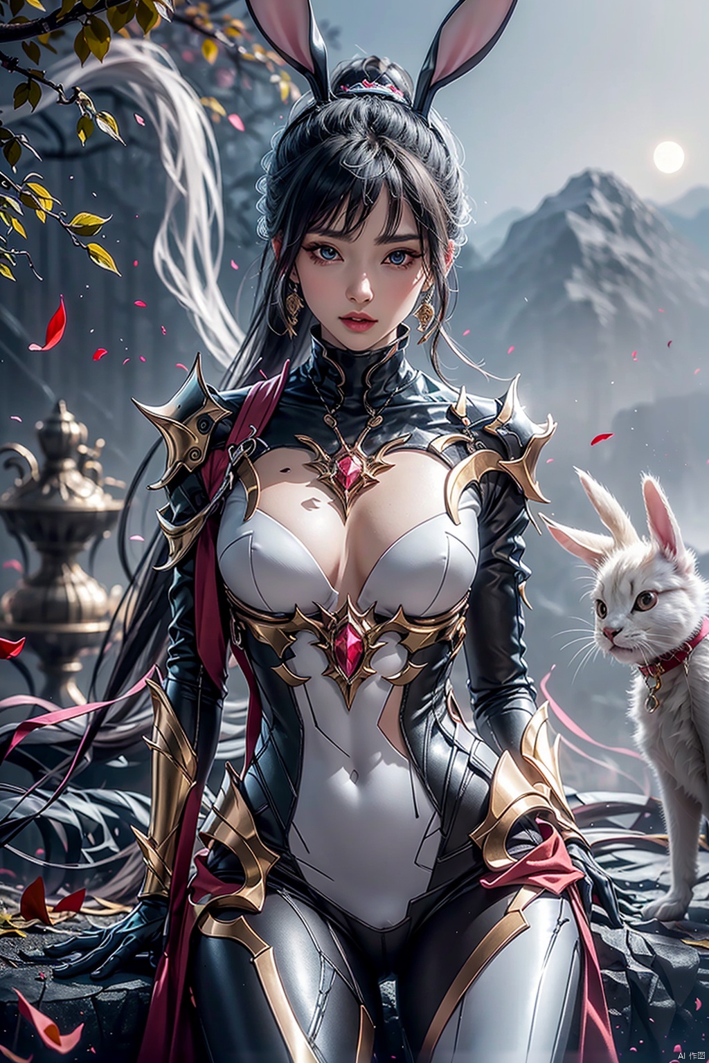  （Xiaowu has a pair of white rabbit ears.） Xiao Wu,A pair of lovely white rabbits. In an ancient city., china dressPrompt: Xiao Wu, In an ancient city.,Close ,（Xiao WuRabbit ear 1.3）,shot,8k,1girl,dress,thighhighs,bare shoulders,lo style chinesedress,bouquet,rose,jewelry,earrings,holdingflower,gloves,elbowgloves,vase,underwear,panties,cleavage,,garterstraps,Scorpion braid, high ponytail, long hair, bridal updo. White and moving, smart eyes, beautiful and delicate. She is petite, well-proportioned, tall and quaint.The ancient city is surrounded by mountains and rivers,The weeping willows on the shore,The moonlight is as quiet as water. The autumn wind sweeps away the yellow leaves.Vision 1.3,Cute Rabbit Ears,Graceful Curve,Negative prompt: EasyNegative,Steps: 20,Sampler: Euler a,CFG scale: 7,Seed: 0,Size: 512x768,VAE: Automatic,Denoising strength: 0.5,Clip skip: 2,Model: jimengv2,LoRA: 4bc654f7-d2b9-4438-b02c-b523472a38a1.by_tusi,317aae22-a282-43d1-b1ff-20c9c3305aa3.by_tusi,Hires resize: 1024x1536,Hires steps: 20,Hires upscaler: R-ESRGAN 4x+,(Two rabbit ears), china dress, chinese dress, xiaowu