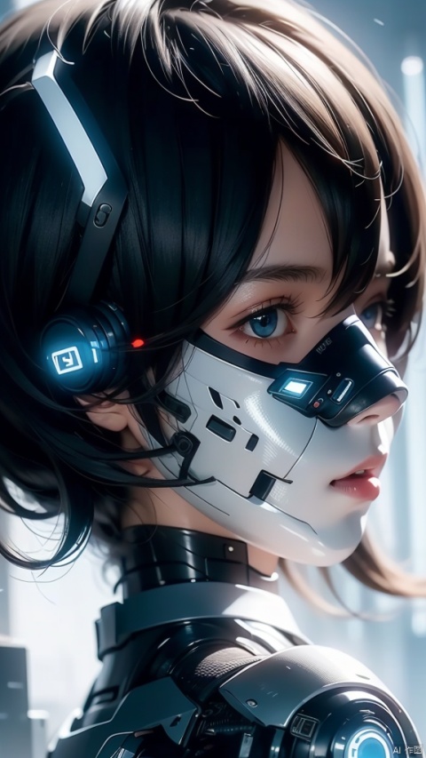 1man,solo,looking at viewer,mouth mask,black hair,mask,short hair,blue eyes,bangs,hair between eyes,headgear,science fiction,portrait,cyberpunk,from side