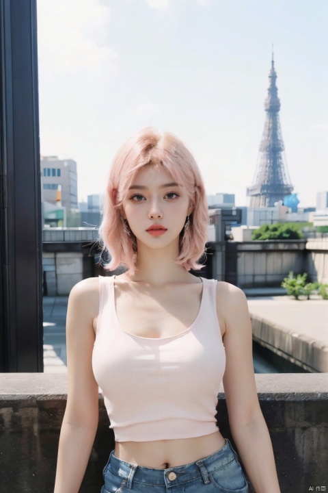  1 girl, nude, (8k, original photo, best quality, Masterpiece: 1.3), (realistic, realistic: 1.37), (daytime), (Looking at the audience: 1.331), Posing, (Tokyo Tower:1.4), ((Daytime City View)), (Real city),((Clear background)), soft light, 1 girl, extremely beautiful face, ((Perfect lively breasts)), (Big boobs:1.5),(Bare cleavage:1.2), put down hands, random hairstyle, (Long light pink hair:1.5), random expression, big eyes, small belly,((((White short tank top)))), ((((Light blue denim short shorts)))), mix4, an extremely delicate and beautiful girl, beautiful face,beautiful eyes, beautiful girl, 8k wallpaper, (best quality: 1.12), (Detailed: 1.12), (Complex: 1.12), (Ultra Detailed: 1.12), (Advanced: 1.12), Ultra Detailed, Ultra Detailed, High Resolution Illustration, Color, 8k wallpaper, highres, Movie Light, Ray Tracing, (8k, Original photo, best Quality, Masterpiece, Ultra High, Ultra Detailed: 1.2), ((realistic, photo-realistic)),yuzu