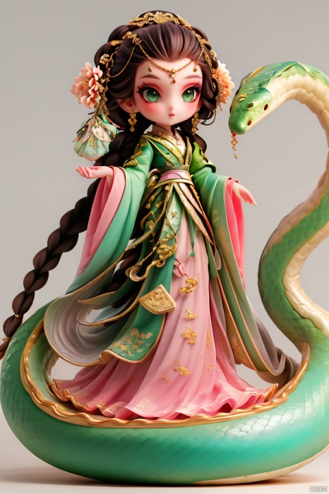  1girl, solo, long hair, looking at viewer, brown hair, hair ornament, long sleeves, dress, jewelry, very long hair, green eyes, full body, braid, flower, earrings, hair flower, wide sleeves, twin braids, sash, chinese clothes, snake, hanfu