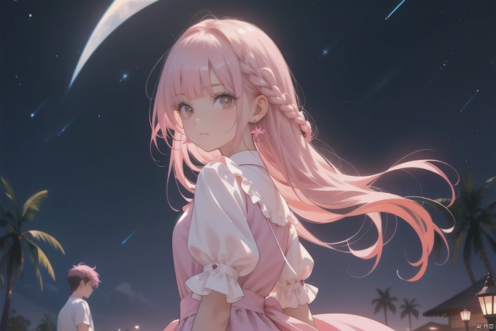 1girl, long hair, looking at viewer, pink hair, short sleeves, earrings,puffy sleeves, collared shirt, looking back, 1boy,brown eyes, closed mouth, collared shirt, looking back, Night sky background,Night wind, cozy animation scenes