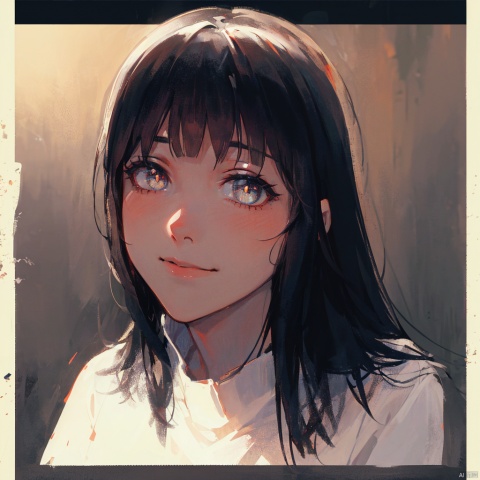 a gril, Look at the camera with your eyes,black-hair,smile, Half-length portrait
,Black pupil
