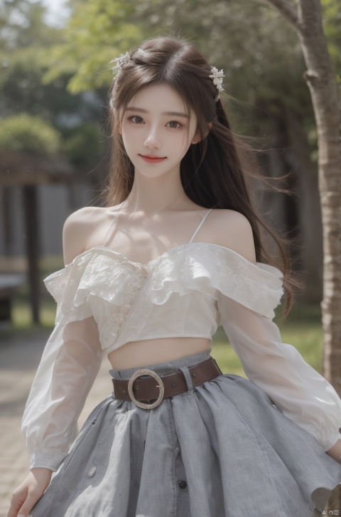  best quality, masterpiece, cowboy_shot,(Good structure), DSLR Quality,Depth of field,kind smile,looking_at_viewer,Dynamic pose, 
 1girl, bare_shoulders, belt, blurry, blurry_background, blurry_foreground, branch, breasts, brown_eyes, brown_hair, collarbone, *******_photo, depth_of_field, hand_on_own_chest, lips, long_hair, looking_at_viewer, midriff, miniskirt, motion_blur, navel, outdoors, photo_\(medium\), realistic, skirt, solo, standing, tree, jujingyi, hanfu