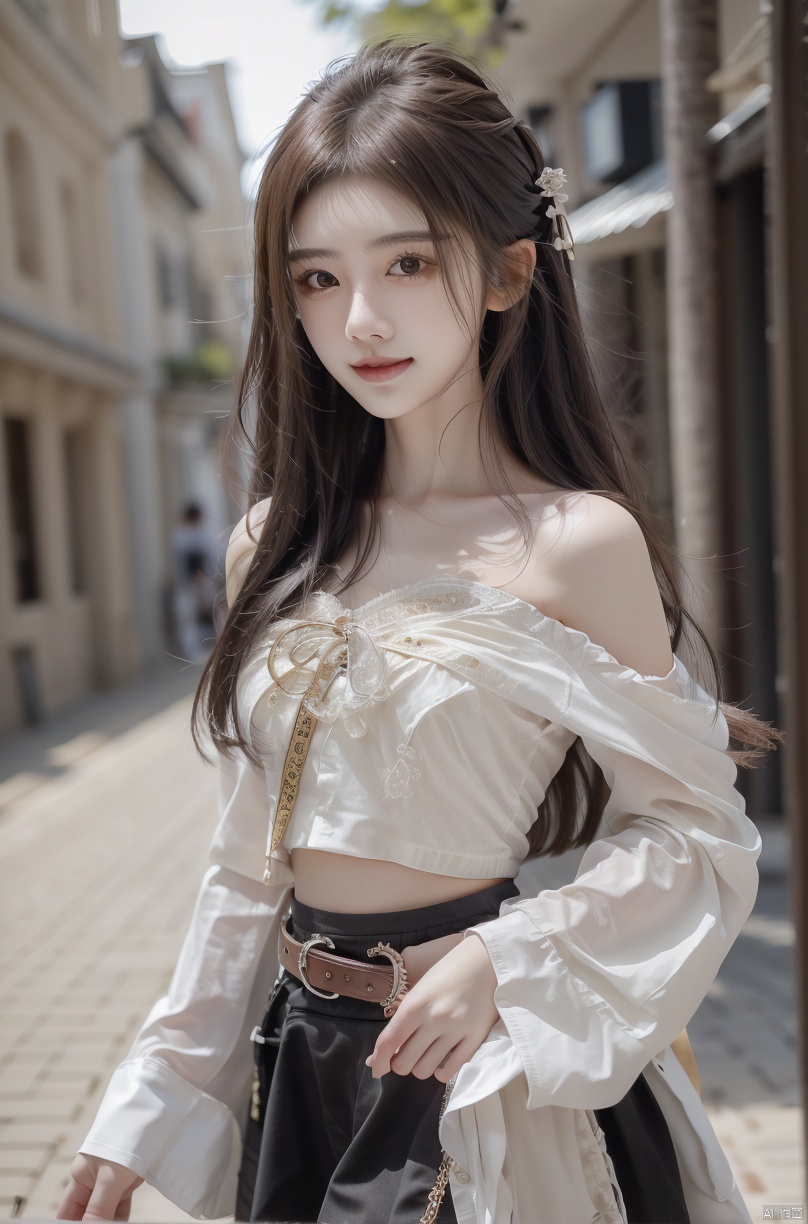  best quality, masterpiece, cowboy_shot,(Good structure), DSLR Quality,Depth of field,kind smile,looking_at_viewer,Dynamic pose, 
 1girl, bare_shoulders, belt, blurry, blurry_background, blurry_foreground, branch, breasts, brown_eyes, brown_hair, collarbone, *******_photo, depth_of_field, hand_on_own_chest, lips, long_hair, looking_at_viewer, midriff, miniskirt, motion_blur, navel, outdoors, photo_\(medium\), realistic, skirt, solo, standing, tree, jujingyi, hanfu