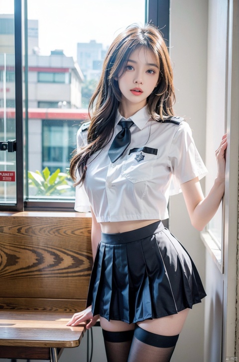  masterpiece,bestquality,realistic,8k,officialart,ultrahighres,school uniforms, blackpantyhose, jujingyi, wangyushan, policewoman,print legwear,argyle legwear, miniJK ,see through top