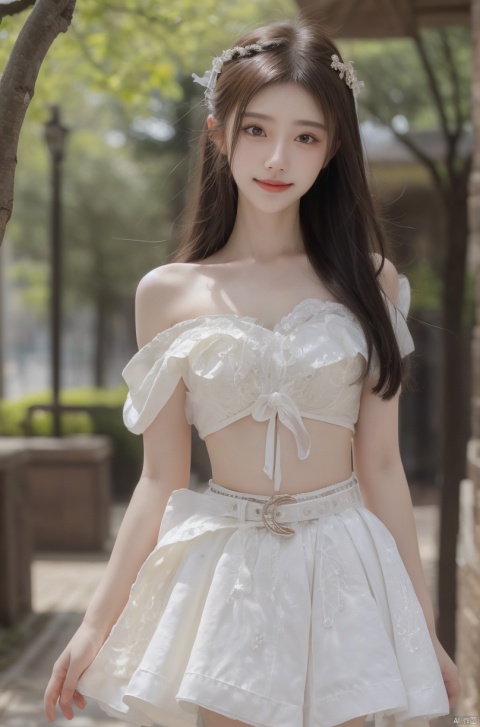  best quality, masterpiece, cowboy_shot,(Good structure), DSLR Quality,Depth of field,kind smile,looking_at_viewer,Dynamic pose, 
 1girl, bare_shoulders, belt, blurry, blurry_background, blurry_foreground, branch, breasts, brown_eyes, brown_hair, collarbone, *******_photo, depth_of_field, hand_on_own_chest, lips, long_hair, looking_at_viewer, midriff, miniskirt, motion_blur, navel, outdoors, photo_\(medium\), realistic, skirt, solo, standing, tree, jujingyi, hanfu