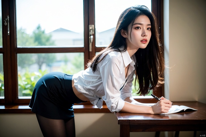  xiannv,1girl,long hair,black hair,skirt,solo,indoors,shirt,striped shirt,striped,holding,window,blurry background,black skirt,pen,blurry,leaning forward,parted lips,pencil skirt,brown eyes,table,chair,jewelry,collared shirt,cinematic,HD,Lucid,detailed,photography,colorful,atmospheric,perfect lighting,aesthetic,elegant,Delicate features, clear eyes, nose, mouth, ears, eyebrows, seductive expression, sexy lips, 1 girl,translucent shirt