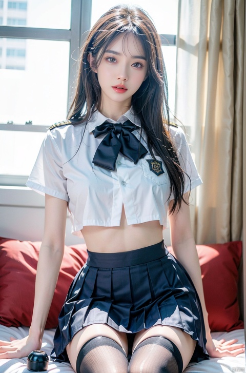  masterpiece,bestquality,realistic,8k,officialart,ultrahighres,school uniforms, blackpantyhose, jujingyi, wangyushan, policewoman,print legwear,argyle legwear, miniJK ,see through top