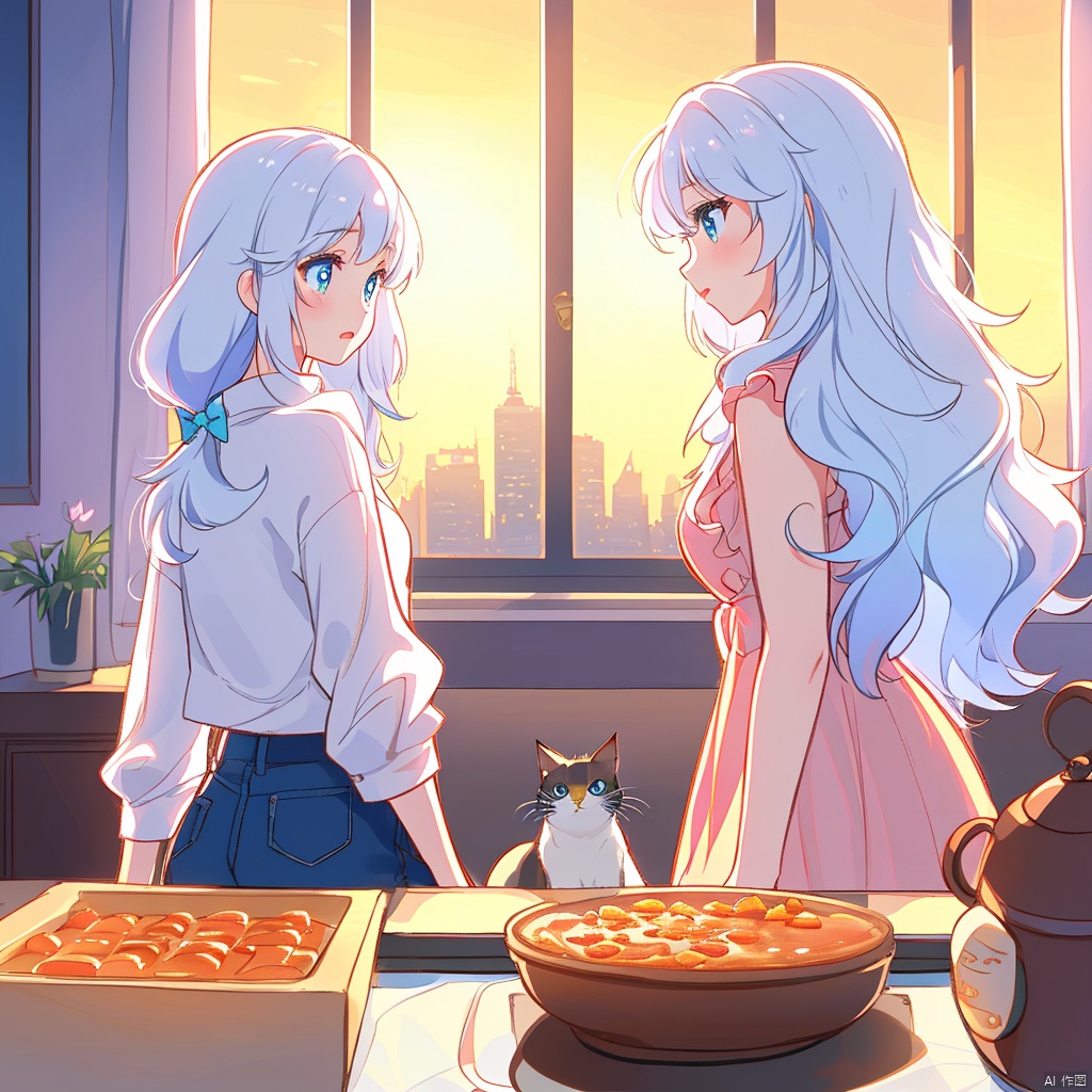 One girl,White hair, long hair, slightly curly,Blue eye
Tall and tall,In casual clothes,Long clothes,
At home,Have a cat at home,There's cat food on the table,Play with cats,
well-lit,City, daytime,High resolution,masterpiece,High picture quality,Clear color,4k image quality,Full line, (\ji jian\),zhuang