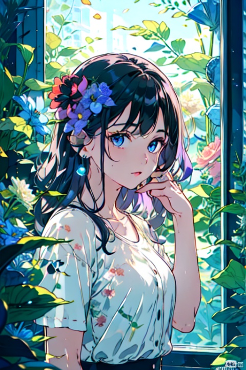 1girl, solo, long hair, looking at viewer, bangs, blue eyes, shirt, black hair, hair ornament, jewelry, closed mouth, upper body, purple hair, flower, short sleeves, earrings, hand up, hair flower, mole, mole under eye, hand on own face